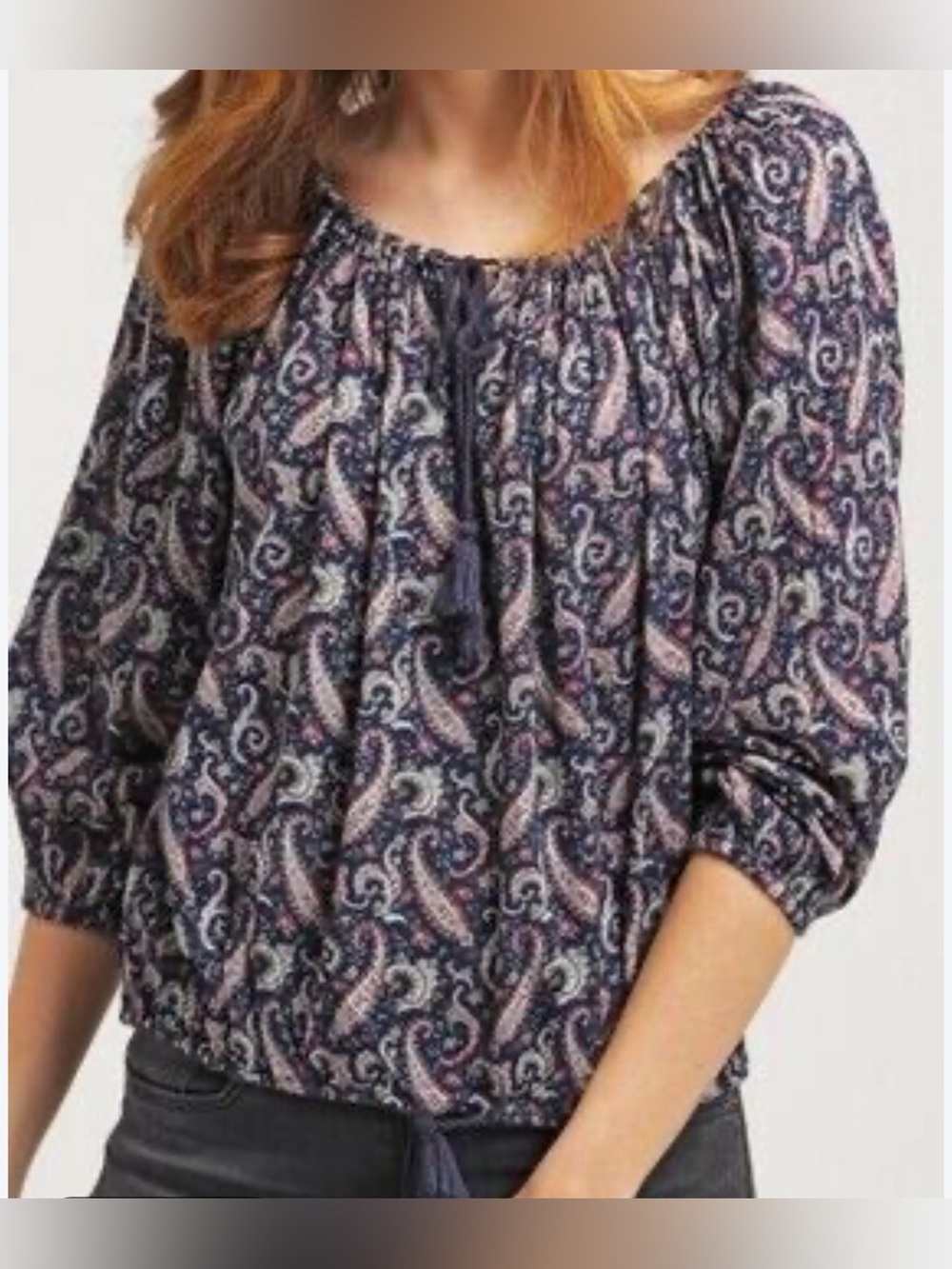 Denim Supply Ralph Lauren Boho Peasant Top Puff Sleeve BluePaisley Blue and Pink